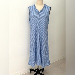 Flax Linen Dress NWOT Linen Blue & White Stripes Bias Cut Sleeveless Ruffles M